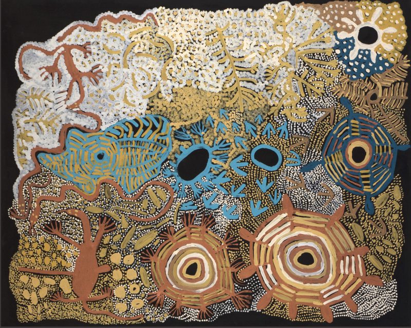 Doris Bush Nungarrayi, Bush Mangarri Tjuta (All the bush tucker) 2018
acrylic on canvas
122 x 152 cm
