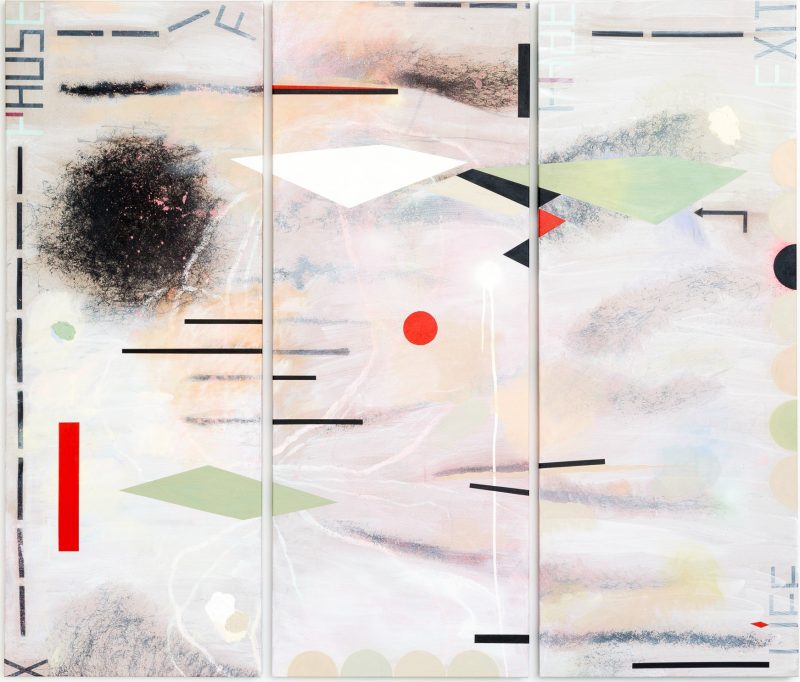 Sarah CrowEST, PAUSE: FADE – EXIT… … LIFE (chaos, territory, art) 2022
acrylic on linen
triptych: 148 x 172 cm
